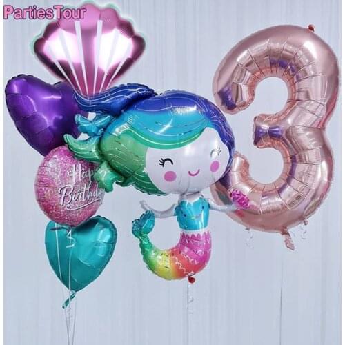 6pcs/lot Mermaid Party Balloons 32inch Rose Gold Number Foil Balloon Kids Birthday Party Decor Baby Shower Decor Helium Globos