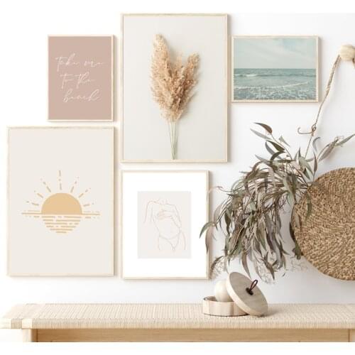 Abstract Rainbow Sun Boho Beach Gallery Wall Art Canvas Painting Poster Sexy Woman Line For Living Room Home Interior Decoration