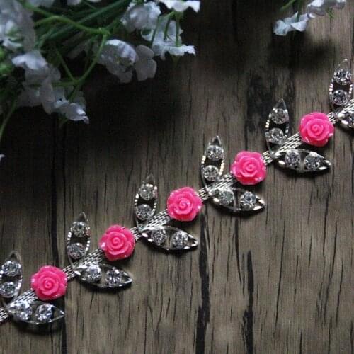 Free Shipping 2 yards/lot 17 colors Silver Crystal Rhinestone Chain wtih Resin Flowers,Bridal Applique For Wedding LSFRT711