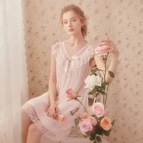 Free Shipping 2019 New Summer Lace Fairy Nightdress Womens Short Nightgown Pink and Purple Polyester and Modal Nightshirt