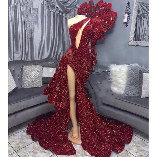 Sparkly Dark Red Sequin Mermaid Long Prom Dresses 2021 Sexy High Slit Cut-Out Front Single Long Sleeve Africa Style Prom Dress