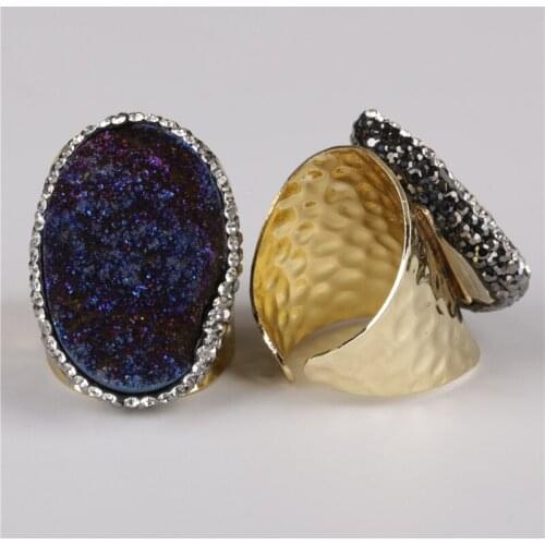 Big oval dark purple rainbow druzy drusy crystal stone pave rhinestone bead charm open gold hammered ring cuff for woman man