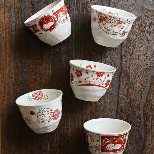 Spot meinung imported from Japan to burn red paint cats eat soup cup cup glass greenhouse birthday wedding gift box
