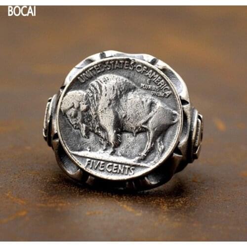 BOCAI New Solid S925 Silver Wanderer coin Ring Handmade retro Punk wide version trendy yak Man Ring