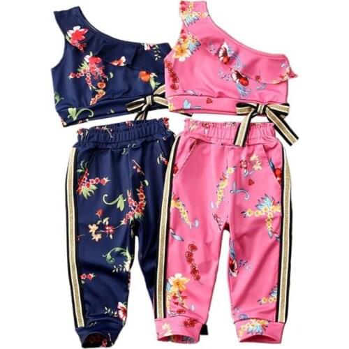 2-6Years Kids Baby Girls Clothes Set One Shoulder Tops Shirt Striped Pants Bowknot 2Pcs Outfits