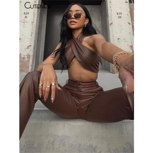 Cutenew Solid PU Leather Two Piece Set Women Outfits Sexy Criss Cross Halter Crop Tops+High Waist Straight Pants Lady Streetwear
