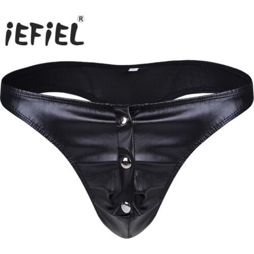 IEFiEL Fashion Mens Lingerie Faux Leather Briefs Bikini Underwear Underpants Male Thong Triangle Panties with Press Buttons