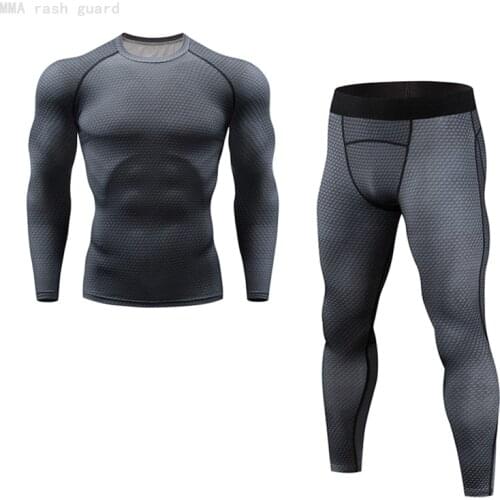 Mens Long sleeve Shirt + Pants 2 piece Tracksuit Fitness workout MMA Compression underwear Sportswear Quick dry Tights jogging
