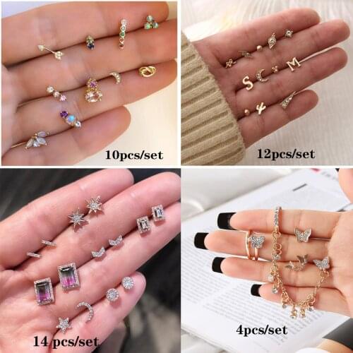 Simple Small Crystal Stars Moon Flower Helix Piercing Earring Set for Women Girls Geometric Cross lightning Heart Stud Earrings