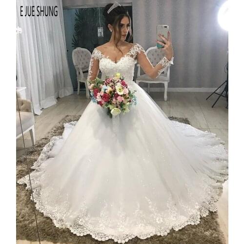 E JUE SHUNG Luxury Lace Appliques Wedding Dresses Sheer Long Sleeves Buttons Back Bridal Gowns robe de mariee