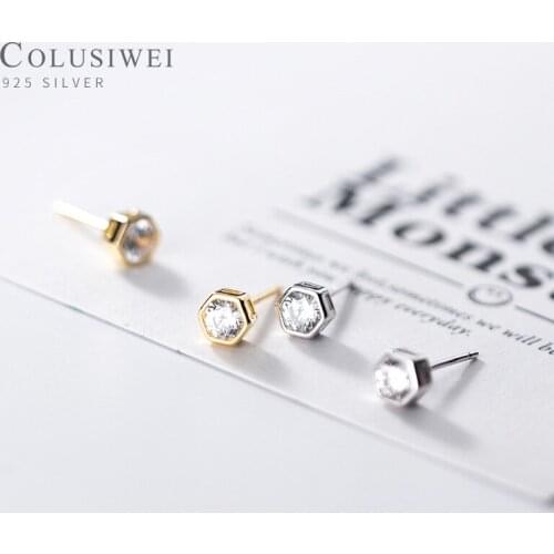 Colusiwei Genuine 100% 925 Sterling Silver Clear CZ Geometric Hexagon Anti-Allergy Stud Earring for Women Girl Kids Fine Jewelry