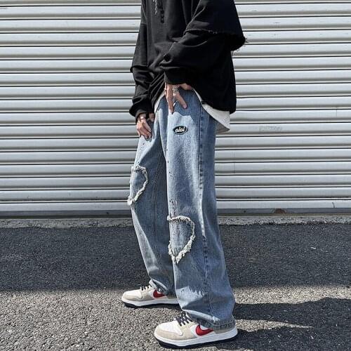 Autumn and winter new high street street ink jeans mens patch love map loose straight trendy brand personality old pants