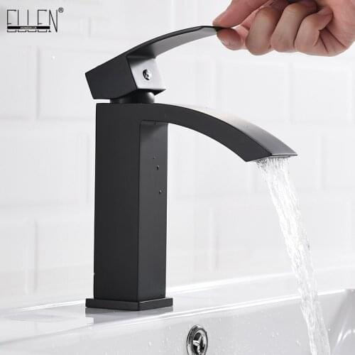 Sqaure Bathroom Sink Faucet Hot Cold Water Mixer Tap Crane Deck Mounted Black Chrome Basin Sink Faucets ELF421