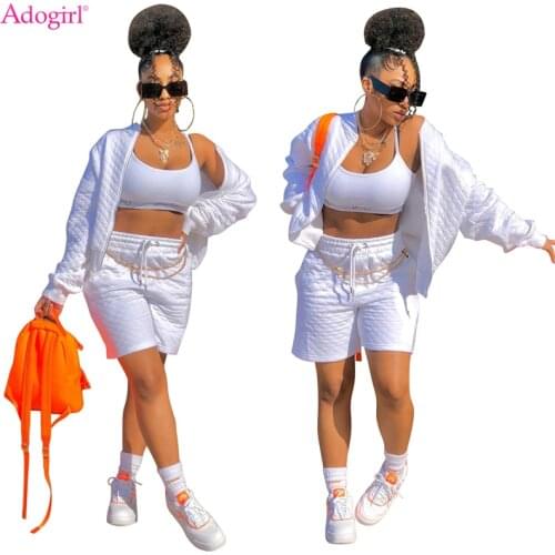 Adogirl Mercerized Cotton Solid Tracksuit Women Casual Active Two Piece Set Zipper Long Sleeve Jacket Top Pockets Shorts Suit