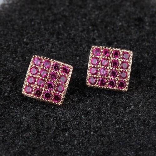 11.11 New Rose Gold Color Plated Red Cubic Zircon Square Shaped Stud Earrings for Girl Wedding Evening Party Accessory Best Gift