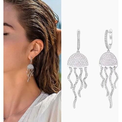 SLJELY High Quality Luxury S925 Sterling Silver Jellyfish Earrings Micro Cubic Zirconia Stones for Women Marine Organism Jewelry