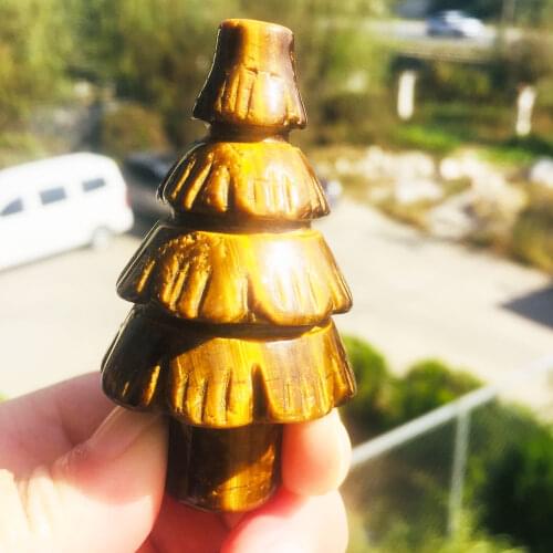 1PCS Natural Hand Carved Yellow Tiger Eye Christmas Tree Shape Healing Crystal Christmas Tree For Christmas Gift