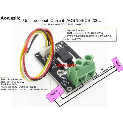 Aoweziic Bidirectional AC/DC Current Sensor module ACS758ECB-200B ACS758ECB-200 120 kHz Bandwidth AC/DC DC: -200-200A 0.01V/1A