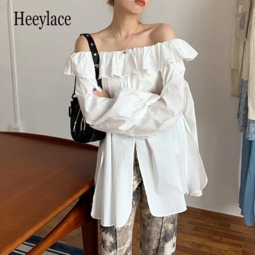 New 2021 Summer Autunm Womens Blouses Fashion Shirts Slash Neck Korean Split Ruffle Oversize Wild Vintage Lady Elegance Tops