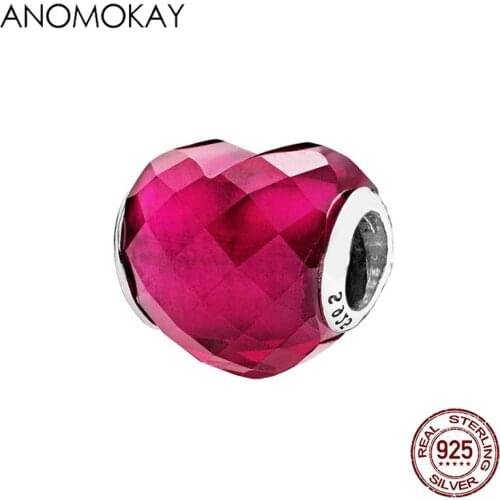 Anomokay 100% Sterling 925 Silver Murano Heart Charm fit Bracelet & Bangle Romantic Love Shape S925 Beads for Women DIY Jewelry