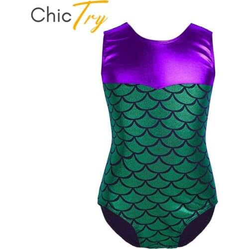 ChicTry Kids Sleeveless Shiny Mermaid Scales Printed Ballet Leotard Girls Gymnastics Leotard Bodysuit Child Stage Dance Costume