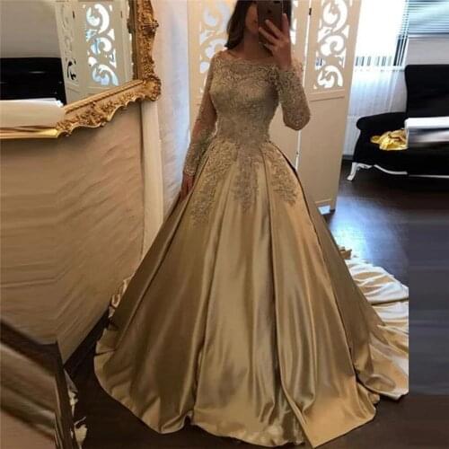 Elegant Boat Neck Gold Satin Lace Appliques A Line Prom Dresses 2021 Long Sleeves Tulle Beaded Evening Gowns For Wedding Party
