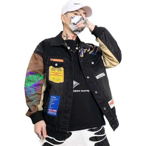 2021 Newest Design Stitching Contrast Print Denim Jacket Men And Women Couple Spring Autumn Streetwear Casual Loose Outerwear