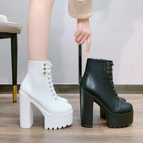 2020 Fashion Women Platform Boots High Heels Women Motorcycle Boots Zipper Round Toe Rubber Sole Ladies Party Shoes Heel