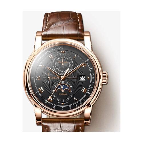LOBINNI Men Fshion 50M Waterproof Business Automatic Mechanical Wrist Watch With World Time Week Date Sun Night Dial - Rosegold
