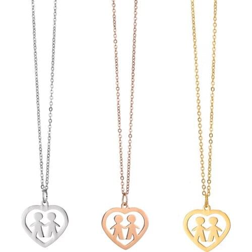 Fashion Friendship Pendant Dangle Necklace Double Boys Heart Chain Stainless Steel Necklace for Men Boy Jewelry Gift Dropship