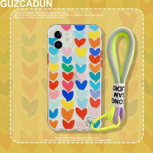 Soft TPU Silicon Coque for Iphone 12 Xr Xs Max 7 8 Plus 11 Pro Max 12 Pro X Color Love Heart Case with Neon Fluorescent Stap