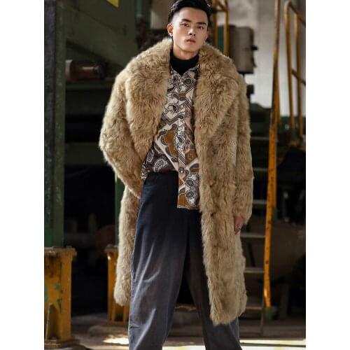 2019 New Mens Yellow Shearling Jacket Fashion Long Fur Jacket Mens Wool Coat Suit Collar Fur Coat Mens Winter Coats