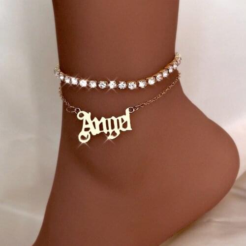 Summer Big Rhinestone Double Layer Tennis Anklet Bracelet For Women Punk Angel Letter Metal Ankle Chain Beach Barefoot Jewelry