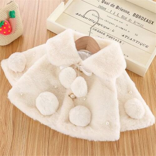 Toddler Warm Winter Clothes Solid-Color Wide Lapel Long Batwing Sleeve Fur Coat with Pompon Pearl Decoration kids Girl 0-4 Y