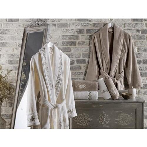 Sultan Luxury Embroidered Cotton Bathrobe Set Cream Beige