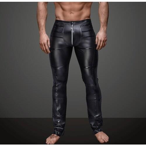Sexy Men Plus Size Stripe PVC Shiny Pencil Pants Tight Faux Leather Fashion Glossy Punk Pencil Pants Erotic Lingerie Gay Wear 34