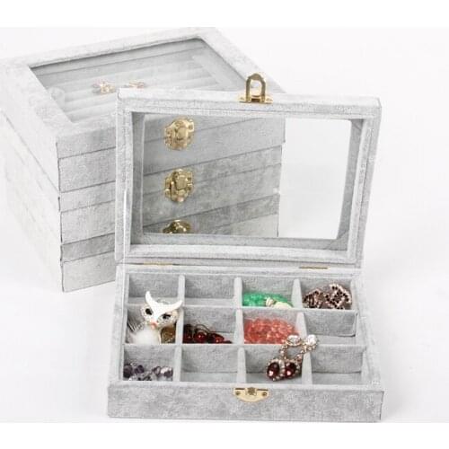 TONVIC Gray/Black/Pink/ Purple Velvet Jewelry Case Storage Box Glass Lid 12 Grid For Earring Ring Pendant New Arrival