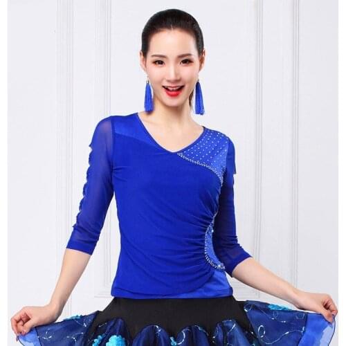2020 Fashion New Fashion V-neck Sexy Modal cotton Modern Latin Dance Mid sleeve Top Sequins For Women Girl Lady Dancers top 3XL