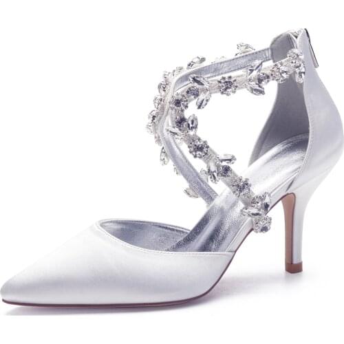 High Heels Satin Rhinestone Party Dress Shoes Women Pointed Toe Zipper Back Prom Evening Wedding Bridal Pumps