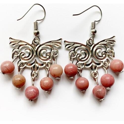 Vintage Beautiful Earrings Metal Butterfly Animal Pendant Earrings Balls Stone Rhodochrosite Beads Earrings Jewelry for Girls Wo
