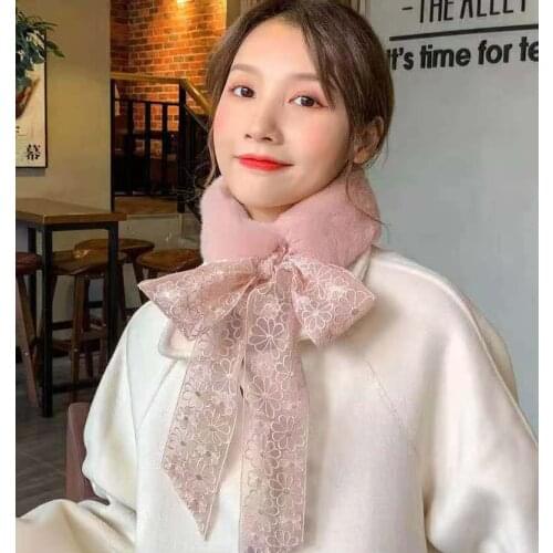 Winter Korean Fur Collar Bow Scarf Woman Imitation Rex Rabbit Hair Long Ribbon Warm Windproof Neck Fashion Lace Fake Collar F97