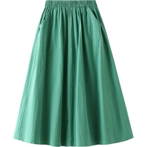Skirt Female Summer 2021 New Korean Fashion A-line Skirts Midi Long Skirt Womens Green Black White Sun School Skirt with Pockets