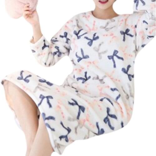 Womens Winter Thicken Flannel Long Sleeve Nightgown Cute Cartoon Animal Bear Printed Sleepwear Sweet Student Loose Knee Length N