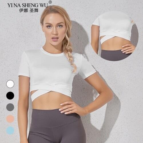 Women Short Sleeve Running Shirts Sexy Exposed Navel Yoga T-shirts Solid Sports Shirts Quick Dry Fitness Gym Crop Top Sport Wear