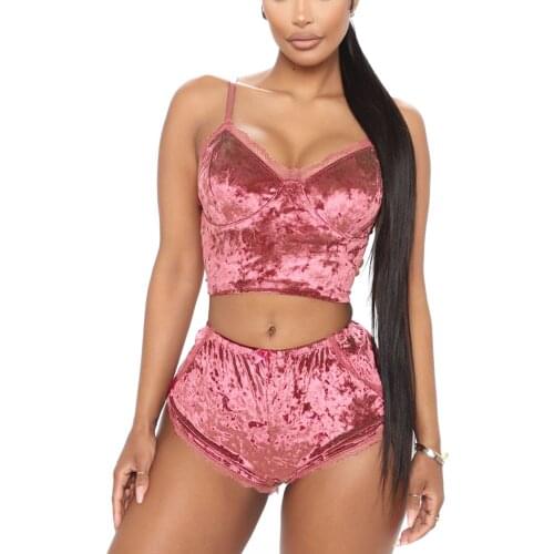 2021 Womens Fashion Velvet 2 Piece Sexy Pajama Set Spaghetti Strap Sleeveless Crop Top+ Shorts Suits Sleepwear Home Clothes Set