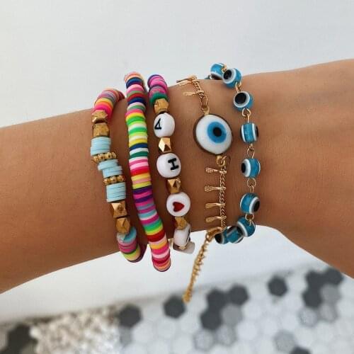 Fashion Geometric Charm Bracelets Womens Ethnic Color Soft Pottery Beads Letter Multilayer Bracelet Bangle Jewelry for Girls
