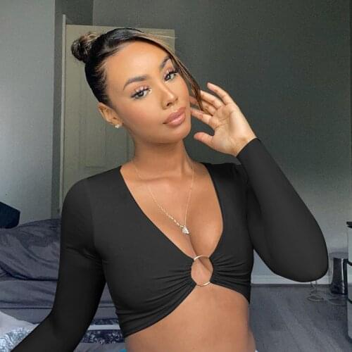 Women Fashion Autumn Sexy Ring Hollow Deep V Neck Top Long Sleeve Solid Slim Crop Tops Pullover Tee Club Casual T Shirts Stylish