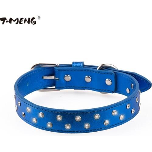 T-MENG 4 Colors Diamonds Dog Collar Soft Genuine Leather With Two Row Rhinestone Bling Pet Collars For Small And Large dogs