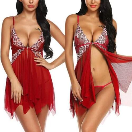 Hot Selling Lingerie for Women Front Closure Babydoll Lace Chemise V Neck Mesh Sleepwear Nightdress