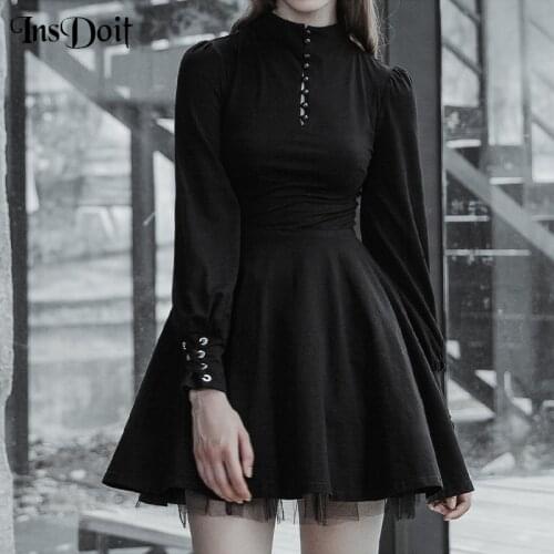 InsDoit Gothic Black Autumn A LINE Dresses Women Long Sleeve Bandage Punk Sexy Mini Dress Aesthetic Harajuku Elegant Party Dress
